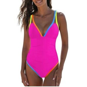 NEW POPVIL Womens One Piece Swimsuit Hot Pink Neon Ruched V-Neck Size Medium